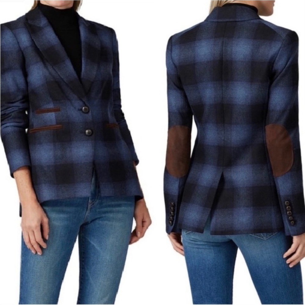 Veronica Beard Hudson Plaid Dickey Blazer Wool Suede Elbow Patches Size 00